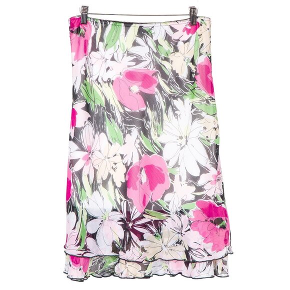 Briggs Womens Skirt PS Petite Floral Pink Black White Modest Long Layered Ruffle - Picture 1 of 7